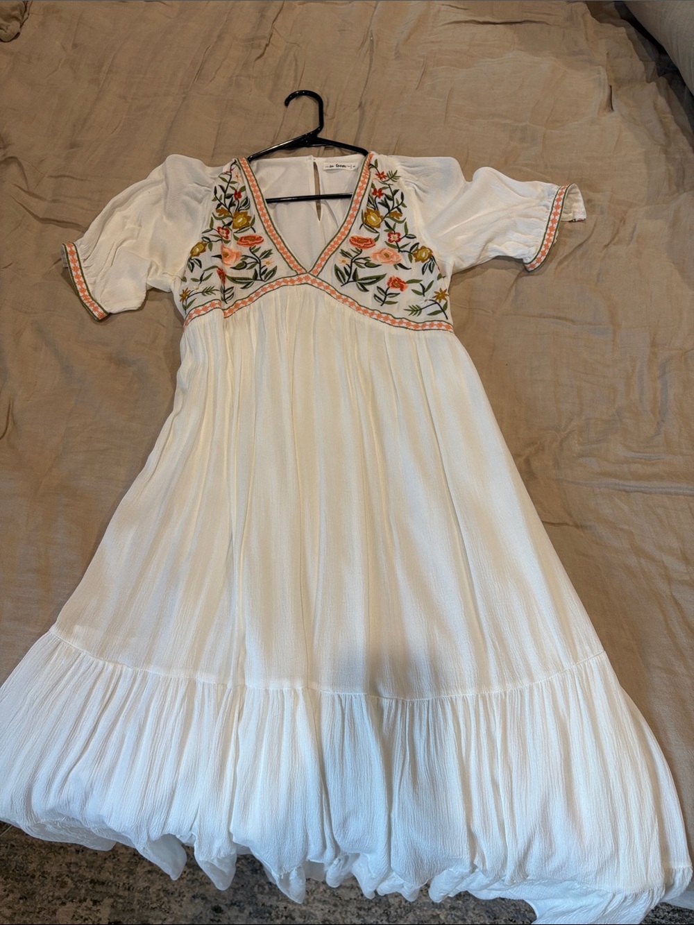 White Maxi Dress with Floral Embroidered V-Neck